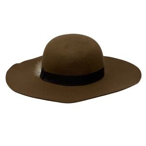 APT 9 Brown Wool Felt Wide Brim Fedora Hat Feather Detail Womens